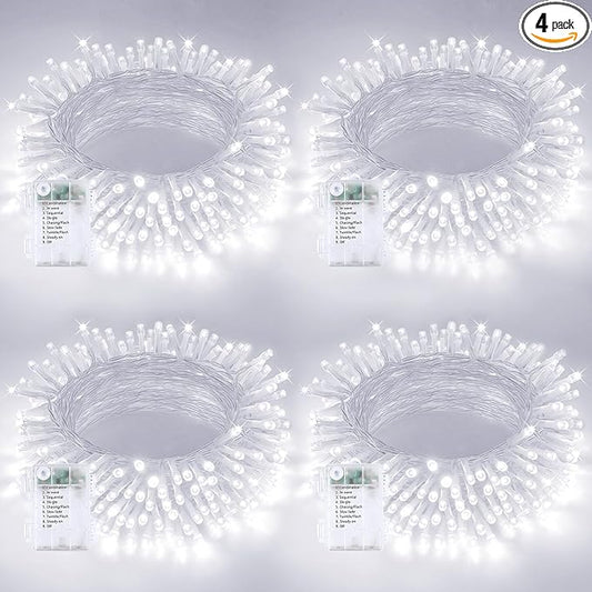 4 Pack String Lights Battery Operated with Timer, 66FT 200 LED Waterproof Battery Twinkle Lights, 8 Modes Fairy Light for Indoor & Outdoor Party Bedroom Garland Tree Christmas Decorations (Cool White)