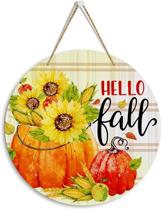 MIGUMUTU Rustic Farmhouse Fall Signs Door Wall Hanging Decor, Fall Home Decor, Fall Room Decor, Hello Fall Sign Sunflowers Wall Decor Decoration for Home Office Bedroom 12 X 12 Inch