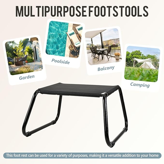 Outdoor Ottomans,Patio Foot Rest Portable Side Table Solid Steel Frame Small Seat All Weather Footrest for Indoor Outdoor Use 2 Pieces Black