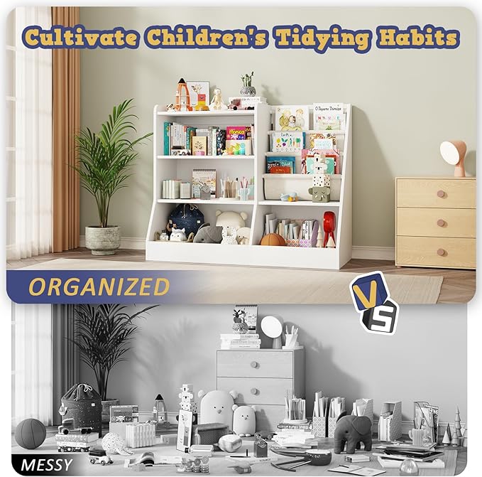 39" Large Kids Wooden Bookshelf and Toy Storage Organizer, Baby Bookcase with Sling Book Rack, Children Toddler Wooden Book Shelf for Kids Rooms, Playroom, Classroom, Nursery, School (White)