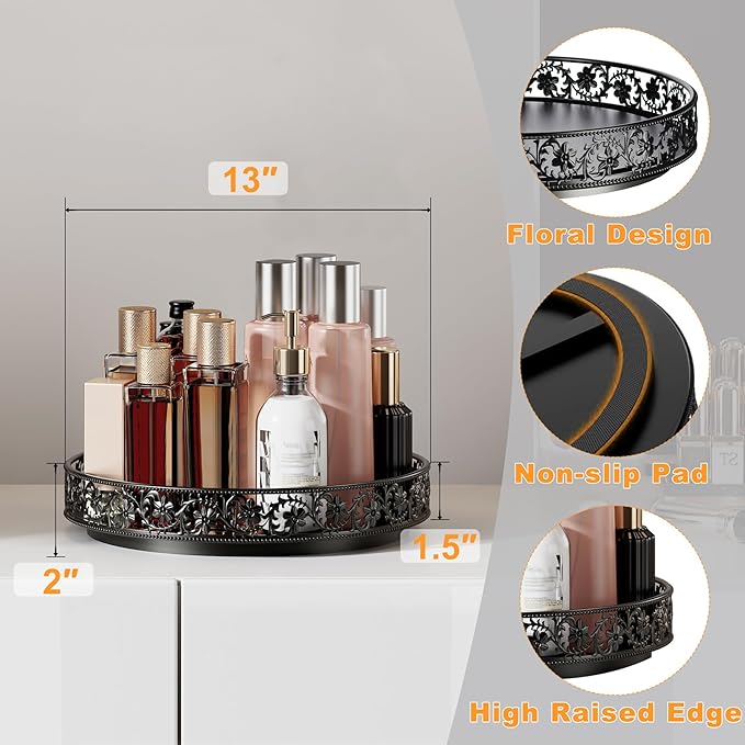 Lazy Susan Turntable Organizer, 13 inch Large Rotating Spice Rack Lazy Susan for Dining Table Top Cabinet Countertop Pantry Kitchen Cupboard Bathroom Black