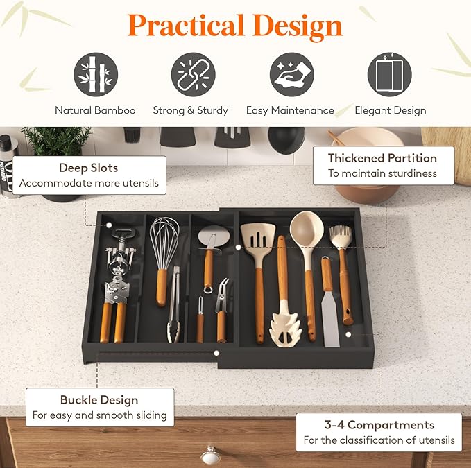 Lifewit Utensil Drawer Organizer, Expendable Cooking Silverware Tray for Kitchen Drawer, Bamboo Adjustable Cutlery Flatware Holder, Spatula Tools and Gadgets Storage Divider, 4 Compartments, Black