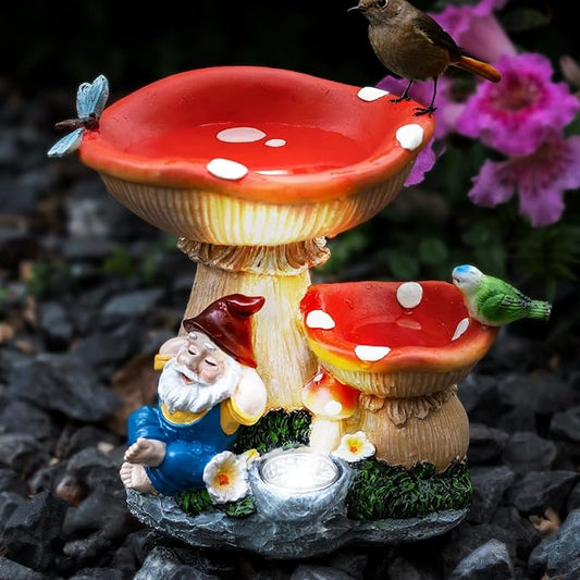 TIJNN Solar Gnome Statue with LED Lights, Bird Water Feeder Garden Decor for Patio, Lawn, or Home, Mushroom Figurine Outdoor Decoration Garden Gifts