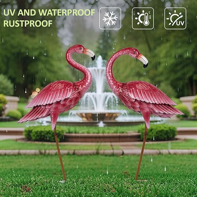 Kircust Flamingo Garden Sculpture & Statues, Metal Birds Yard Art Outdoor Statue, Large Pink Flamingo Lawn Ornaments for Home, Patio, Backyard Decor (2-Pack)