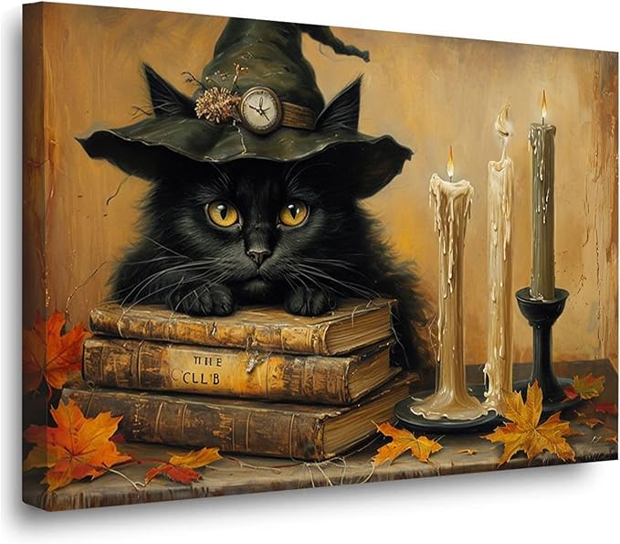 Vintage Halloween wall decoration black cat and magic book suitable for home bedroom living room decoration dark classic art witch wall decoration24x36in Wood Framed
