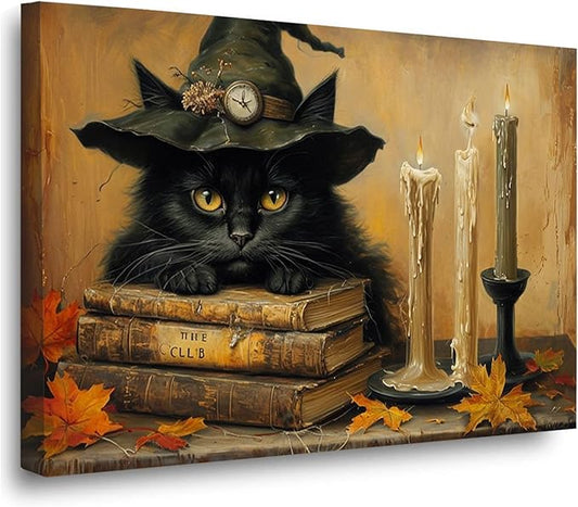 Vintage Halloween wall decoration black cat and magic book suitable for home bedroom living room decoration dark classic art witch wall decoration16x24in Wood Framed