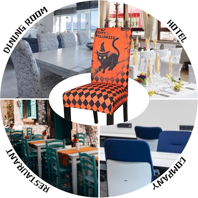 JQinHome Orange Halloween Chair Slipcover,Cat Chair Covers Set of 6, High Stretch Washable Chair Protector Cover for Dining Room, Kitchen,Home Party,Wedding Ceremony(Cat Orange,6PC)