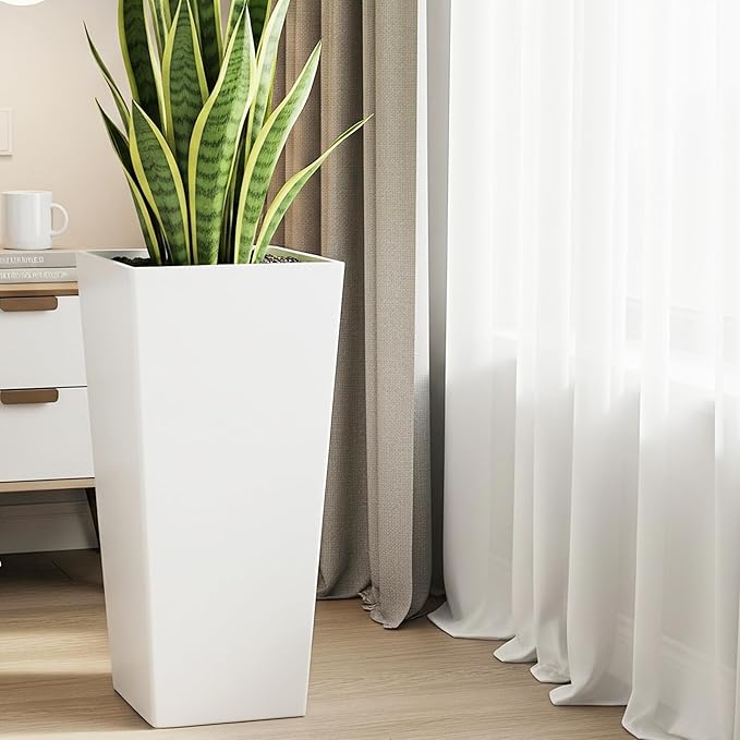 WORTH Garden Large 28 in.Tall Planters Set of 2 for Indoor and Outdoor, Heavy Duty Plastic White Modern Taper Flower Plant Pots with Drainage Hole and Dual-Purpose Tray for Front Porch, Patio