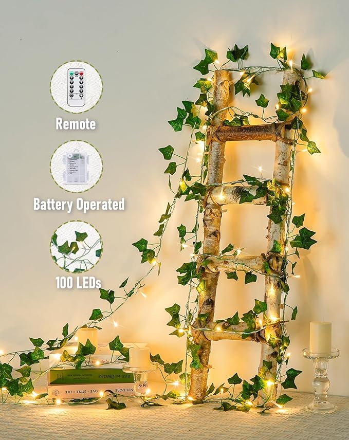 JMEXSUSS 100 LED Vines with Lights Plug in, Ivy Vines with Fairy Lights with Remote, 33 FT Leaf String Lights Waterproof for Room Bedroom Wall Fireplace Decoration（Warm White）