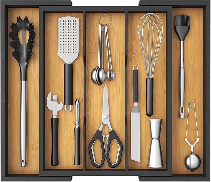 Lifewit Utensil Organizer for Kitchen Drawer, Bamboo Cooking Utensil Tray, Expandable Cutlery Silverware Flatware Holder, Adjustable Spatula Tools Gadgets Storage Divider, Large, Natural and Black