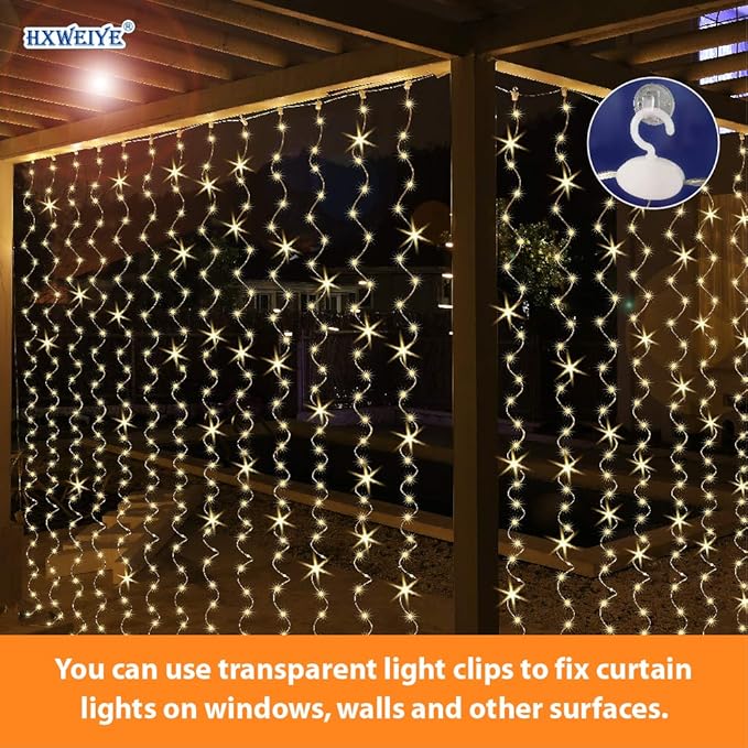 HXWEIYE 2 Pack Warm White 300LED Curtain Fairy Lights, 9.8x9.8Ft Led String Light with Rotating Clips & 12 Hooks, Timer & 8 Modes USB Plug-in DIY Decorative Light for Bedroom Indoor Outdoor Wedding