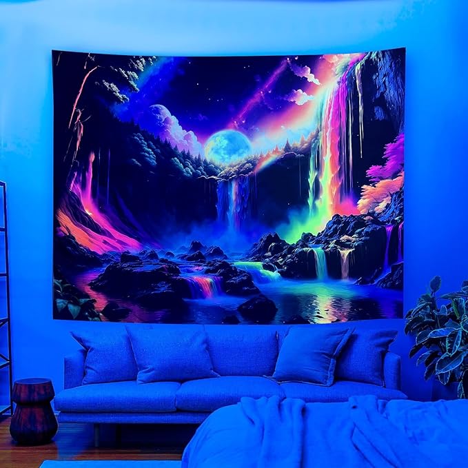 OSVINO Blacklight Rainbow Waterfall Tapestry 90"x70" UV Reactive Trippy Wall Hanging Rainbow Aesthetic Waterfall Wall Posters Bedroom Spiritual Room Decor
