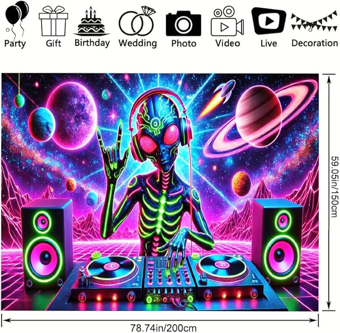 BlissYard Aliens Tapestry 78x59 Inch Blacklight DJ Aliens Tapestry Alien Tapestry for Men Guys Bedroom UV Reactive Alien Wall Tapestry Hanging Art Tapestry Room Decor Aesthetics Party Poster Banner