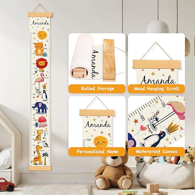 Personalized Name Growth Chart Wall Decor for Kids – Canvas Removable Height Chart Measuring Ruler 59" x 7.9" （Animals）