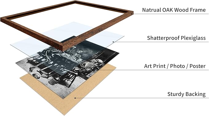 Poster Master Vintage Photograph Poster - Retro Daguerreotype Print - Gift for Artist, Friend - Skeletons Smoking at Table, Dinner Party, Goth - Wall Decor for Home, Dorm, 11x14 Brown Framed