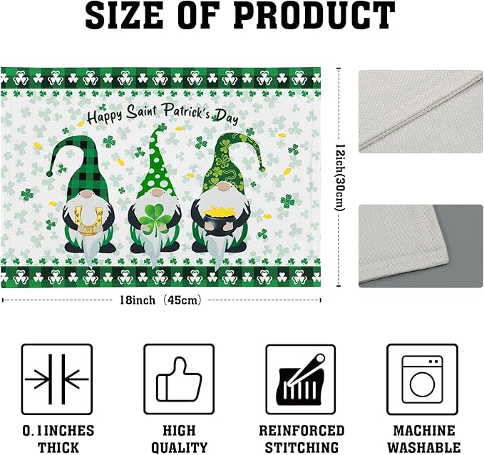 St Patricks Day Placemats Green Gnome Gold Coin Shamrock Placemats Set of 4 Buffalo Plaid Spring Holiday Linen Place Mats for Kitchen Dining Party Table Home Decoration Size 12x18 Inches