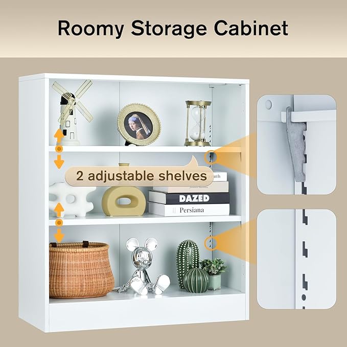 3-Tier Bookshelf with Adjustable Shelves, White Metal Space Saving Storage Shelf Bookcase, Small Open Storage Shelf for Living Room, Home Office, Dinning Room, Pantry (White-36H)