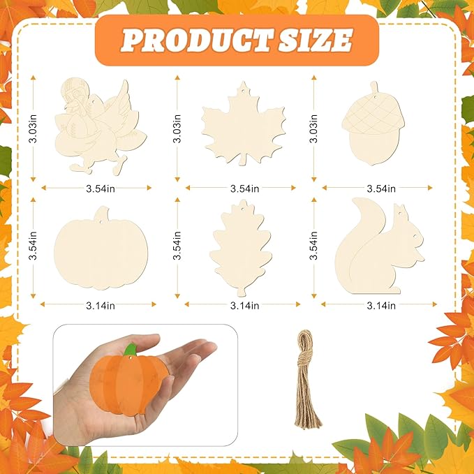 24 PCS Unfinished Wooden Thanksgiving Crafts, Pumpkin Turkey Shaped Hanging Ornaments DIY Wood Craft Cutouts for Thanksgiving Party Decor (Thankgiving)