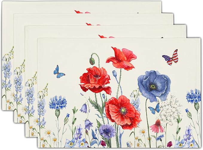 4th of July Placemats Set of 4 Red Blue Floral Patriotic Washable Non-Slip Heat Resistant Place Mats America Memorial Day Independence Day Table Mats 12x18 Inch