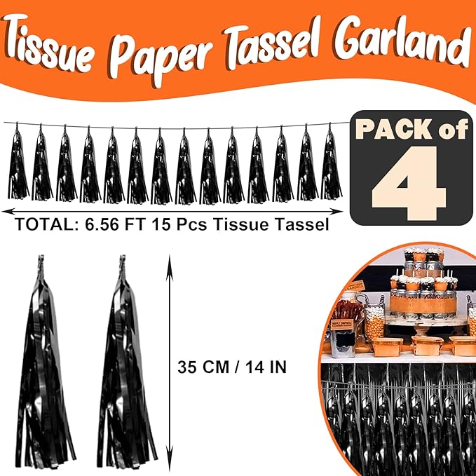 4P Black Foil Fringe Metallic Tassel Streamers Banner Tassel Garland for Parade Floats, Bachelorette, Wedding, Birthday, Halloween, Christmas, Bridal/Baby Shower Party Decorations