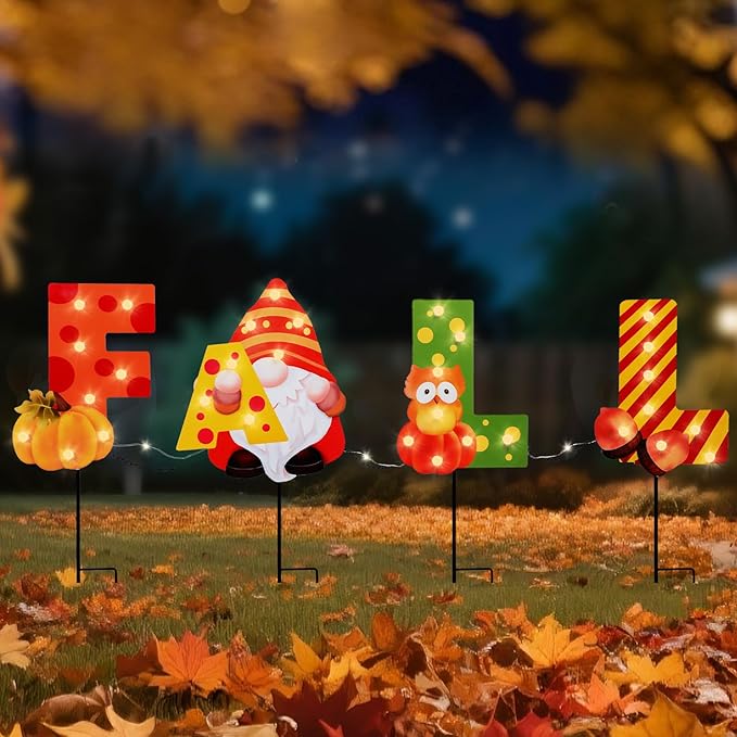 WONDER GARDEN Fall Yard Stakes Yard Signs, 4 Pack Metal Thanksgiving Lighted Garden Stakes, Gnome Sign with LED Lights for Harvest,Outdoor, Lawn,Farmhouse Decorations