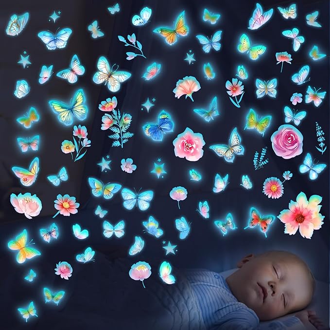 Glow in The Dark Butterfly Flower Wall Decals Glowing Luminous Butterflies Removable Self-Adhesive Wall Stickers for Girls Bedroom Nursery Living Room Decor 4 Sheets (Butterfly 3)