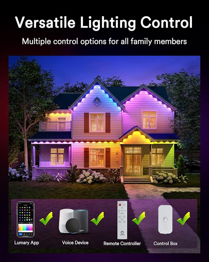 Lumary Permanent Outdoor Lights Max 158ft with 120 LED Eave Lights RGBAICW 7200lm, IP67 Waterproof, IC Control and Scene Modes for Halloween Christmas Decoration, Works with Alexa and Google Assistant