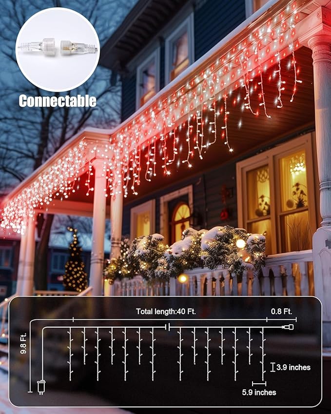 Brightown Icicle Lights - 40Ft Outdoor Christmas Lights with 81 Drops, 432 LED, Built-in Timer, Perfect for House Eaves & Weddings - Red & White
