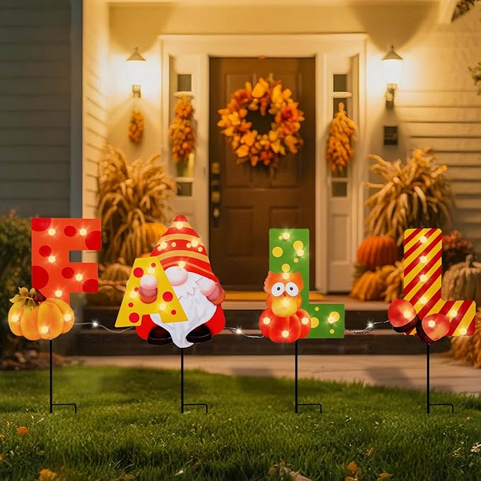 WONDER GARDEN Fall Yard Stakes Yard Signs, 4 Pack Metal Thanksgiving Lighted Garden Stakes, Gnome Sign with LED Lights for Harvest,Outdoor, Lawn,Farmhouse Decorations