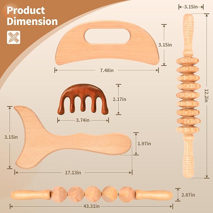 5 in 1 Wood Therapy Massage Tools Lymphatic Drainage Massager Maderoterapia Kit Wooden Massager Body Sculpting Tools for Muscle Pain Relief, Anti-Cellulite, Body Contouring and Shaping