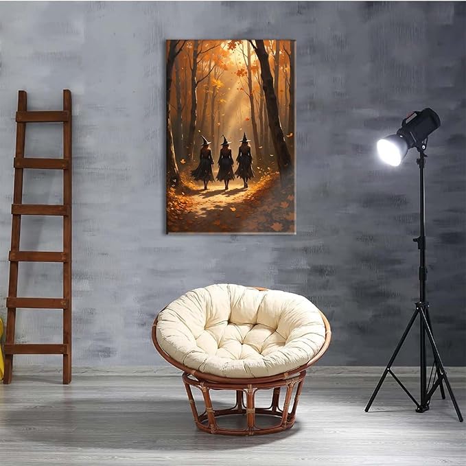 JFHCQJPK Three witches walking in the forest in autumn canvas painting gothic poster halloween print country witch wall art for home decoration12x16in Frameless
