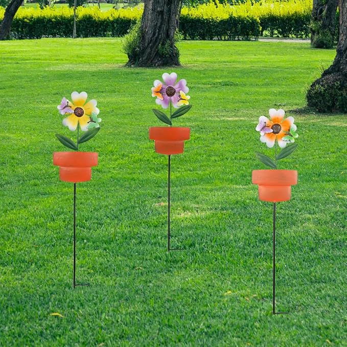Metal Garden Stakes Decor,3 Pack Flowers Pot Decorative Garden Stakes, Waterproof Spring Outdoor Decor,Metal Flowers Garden Decor for Outside,Lawn,Yard,Pathway