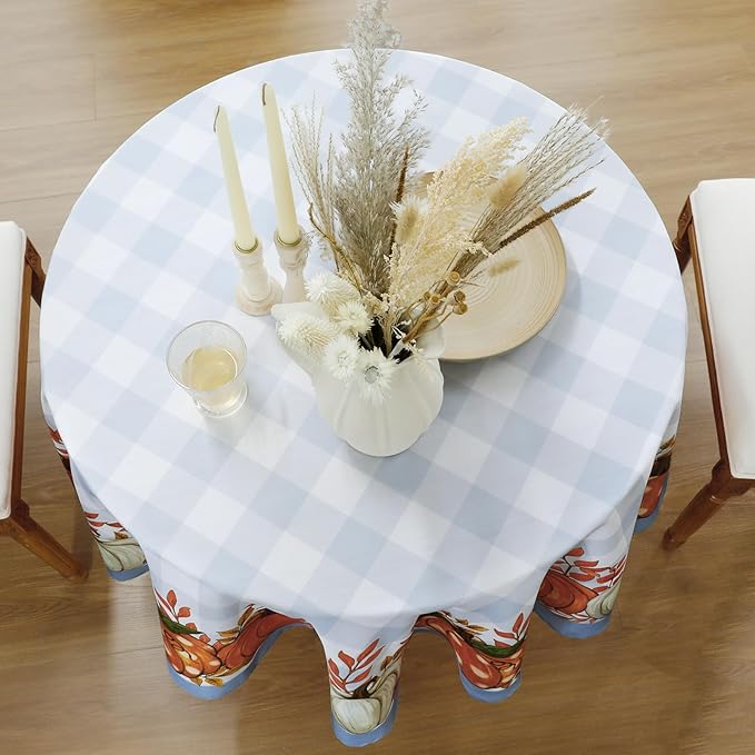 Romanstile Fall Round Tablecloth, Thanksgiving Autumn Harvest Pumpkin Buffalo Plaid Table Cloth, Stain Resistant Washable Table Cover for Party/Dining/Holiday- Grey Blue Checkered, 60 Inch