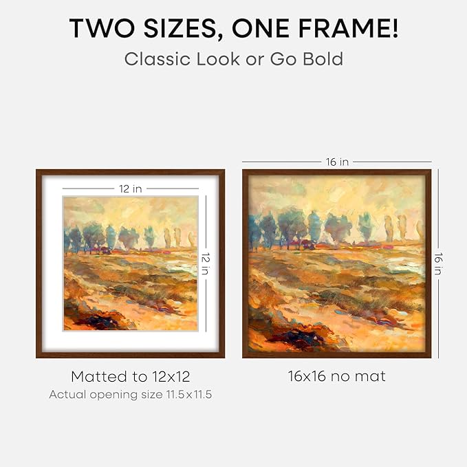 Homeforia 16x16 Brown Picture Frame, High End Dark Oak 16 x 16 Square Wood Frame with Mat 12 x 12 for Photo, 16by16 Wooden Walnut Poster Frame Matted to 12x12 Print, Tempered Glass, Wall Kit, Set of 1