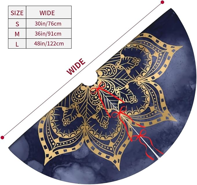 36" Large Christmas Tree Skirt, Boho Mandala Gold Navy Blue Ink Texture Round Cushion Pattern Tree Mat Base Cover for Xmas Festive Holiday Party Decoration Ornaments