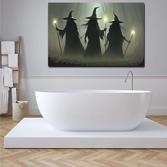 Vintage 3 witches canvas wall decor melancholy dark Halloween poster wall decor holding a staff print Gothic horror Halloween painting print for living room bedroom16x24in Wood Framed