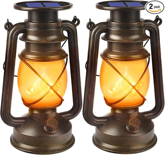 Solar Powered LED Lanterns Decorative Outdoor,2 Pack Bronze Vintage Lanterns with Dancing Flame,Waterproof Solar Hanging Lights for Camping Patio Garden Yard Pathway Decor