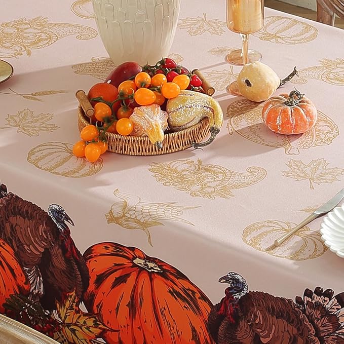 SASTYBALE Thanksgiving Tablecloths for Rectangle Tables 60 x 84 Inch Farmhouse Turkey Pumpkins Tablecloth, Wrinkle Free Vintage Fabric Table Covers for Fall Harvest & Autumn Decor, Brown