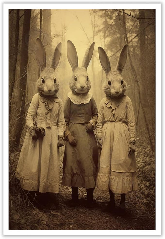 Vintage Horror Spooky Three Rabbits In Occult Forest Spooky Canvas Wall Art Poster Gothic Dark Academia Decorations Room Creepy Print Retro Halloween Wall Decor 12X16inch Unframed