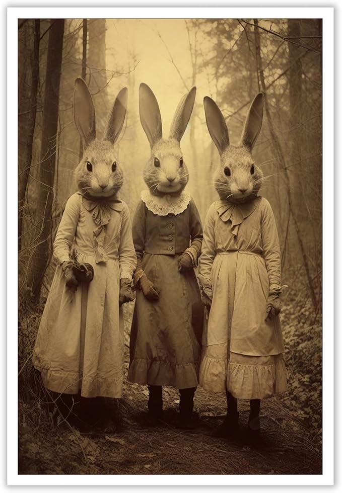 Vintage Horror Spooky Three Rabbits In Occult Forest Spooky Canvas Wall Art Poster Gothic Dark Academia Decorations Room Creepy Print Retro Halloween Wall Decor 24X36inch Unframed