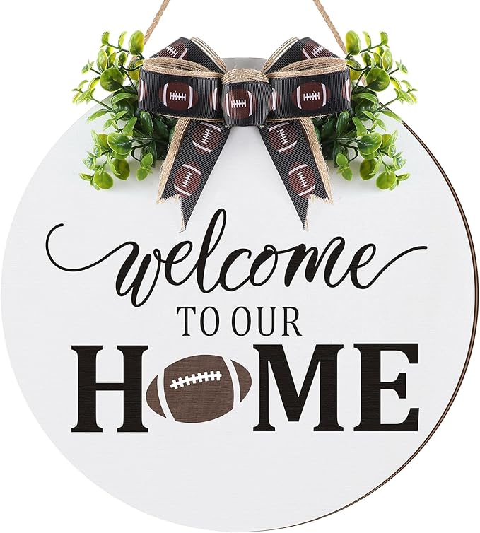 Hello Fall Football Sign for Front Door Thanksgiving Wooden Hanging Sign Fall Welcome Wreaths with Bow Turkey Farmhouse Wall Decoration for Home Autumn Harvest Front Porch Decor(Home)