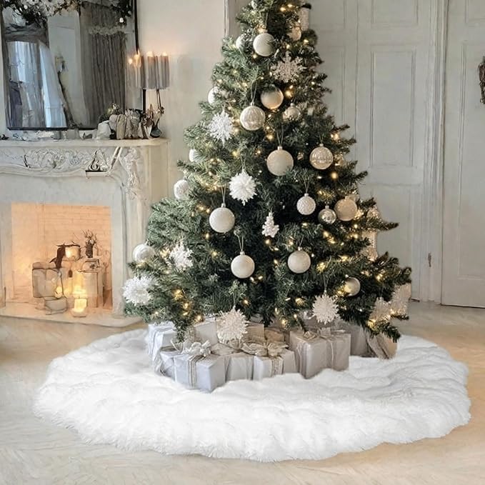 48 Inch Rabbit Fur Christmas Tree Skirt White Plush Skirt for Merry Christmas Party Christmas Tree Decoration