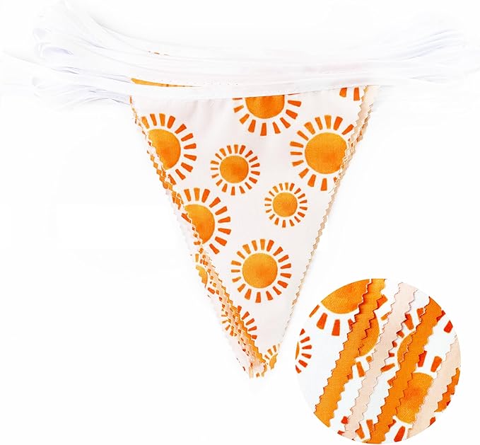 32Ft Sunshine Party Decorations Orange Yellow Triangle Flag Fabric Banner Pennant Garland Bunting Streamer for Boho Sun Birthday First Trip Around The Sun Groovy Retro Hippie Party Decor Supplies