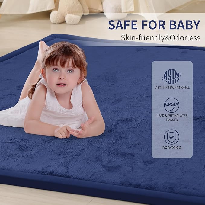 ACOMOPACK Baby Play Mat for Floor 1.3" Thick Memory Foam Play Mat 39"×59" Tummy Time Crawling with Non-Slip Bottom for Living Room,Nursery,Soft Velvet Playpen Mats for Kids,Infants（Royal Blue）