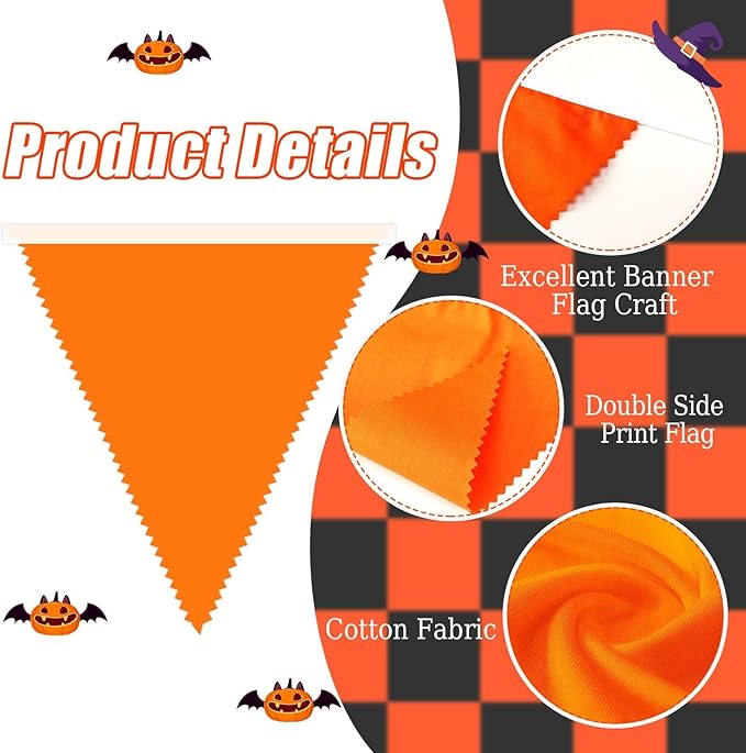 MARFOREVER Orange Black White Halloween Pennant Banner, 30Pcs Fabric Triangle Flags Bunting Garland Halloween Hanging Decorations for Garden Baby Shower Thanksgiving Wedding Outdoor Indoor Supplies