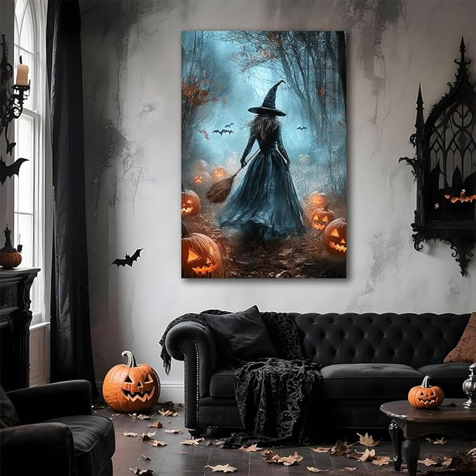 Vintage Moody Halloween Witch Artwork Wall Decor,Spooky Halloween Gothic Canvas Artwork Creepy Horror Witch with A Broom Pumpkin Bats Rustic Forest Picture,Dark Academia Poster,24"x36" Framed