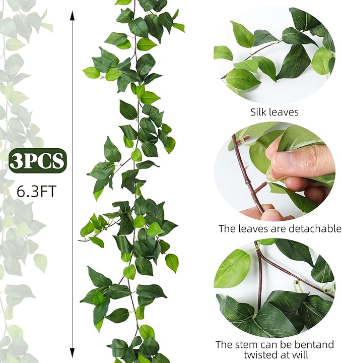 RECUTMS Artificial Vines Ivy Garland 3Pcs 6.3Ft Fake Green Leaves Ivy Garland Faux Hanging Plants Greenery Decor Artificial Vines for Home Outdoor Indoor Home Wall Garden Table Wedding Room Decor