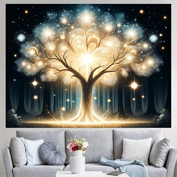 BlissYard Glowing Spirit Tree UV Black Light Tapestry 78x59 Inches Art Color Neon Light Background Bedroom Living Room Wall Party Decoration Fantasy Magical Forest Luminous Tree of Life Backdrop