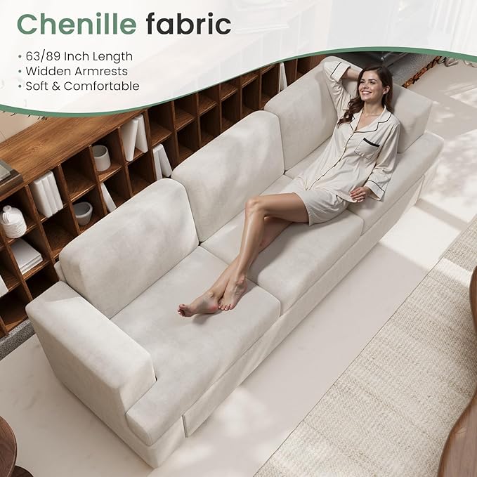 2 Piece Set Comfy Sofa Couch, 2 3-Seater Sofa with Deep Seats, Modern Sleeper Couch for Living Room, Beige Chenille