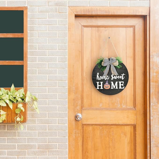 Interchangeable Welcome Sign for Front Door with 14 Changeable Icons, Farmhouse Front Porch Decor Rustic Wooden Wall Sign with 12 LED Lights, Outdoor Seasonal Welcome Home Decorations (Black1)